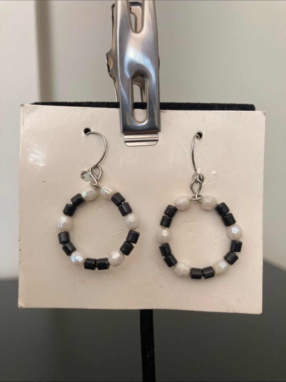 Handcrafted Black and White Beaded Hoop Earrings